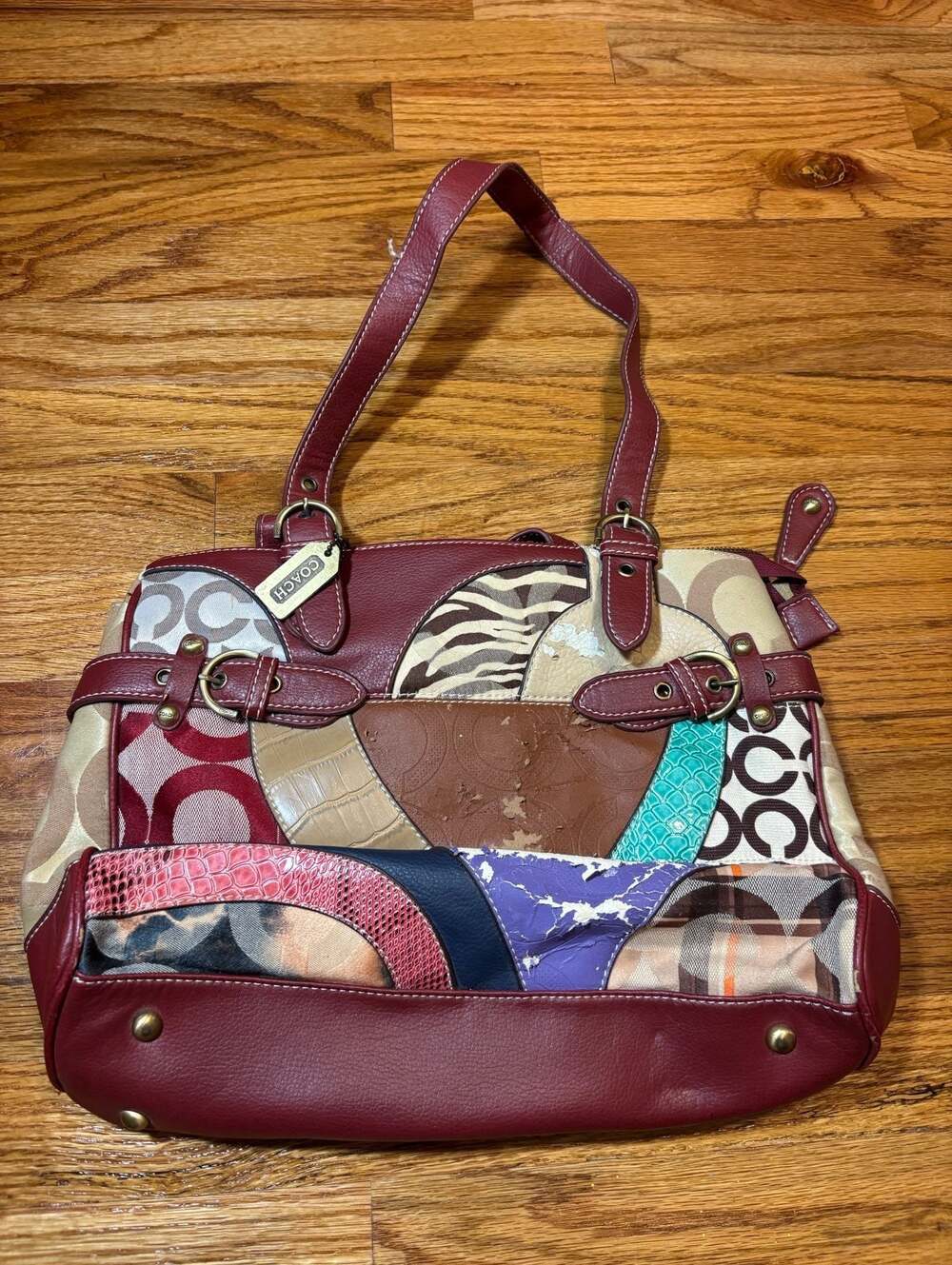 Coach Patchwork Signature C Hobo Shoulder Bag Burgundy